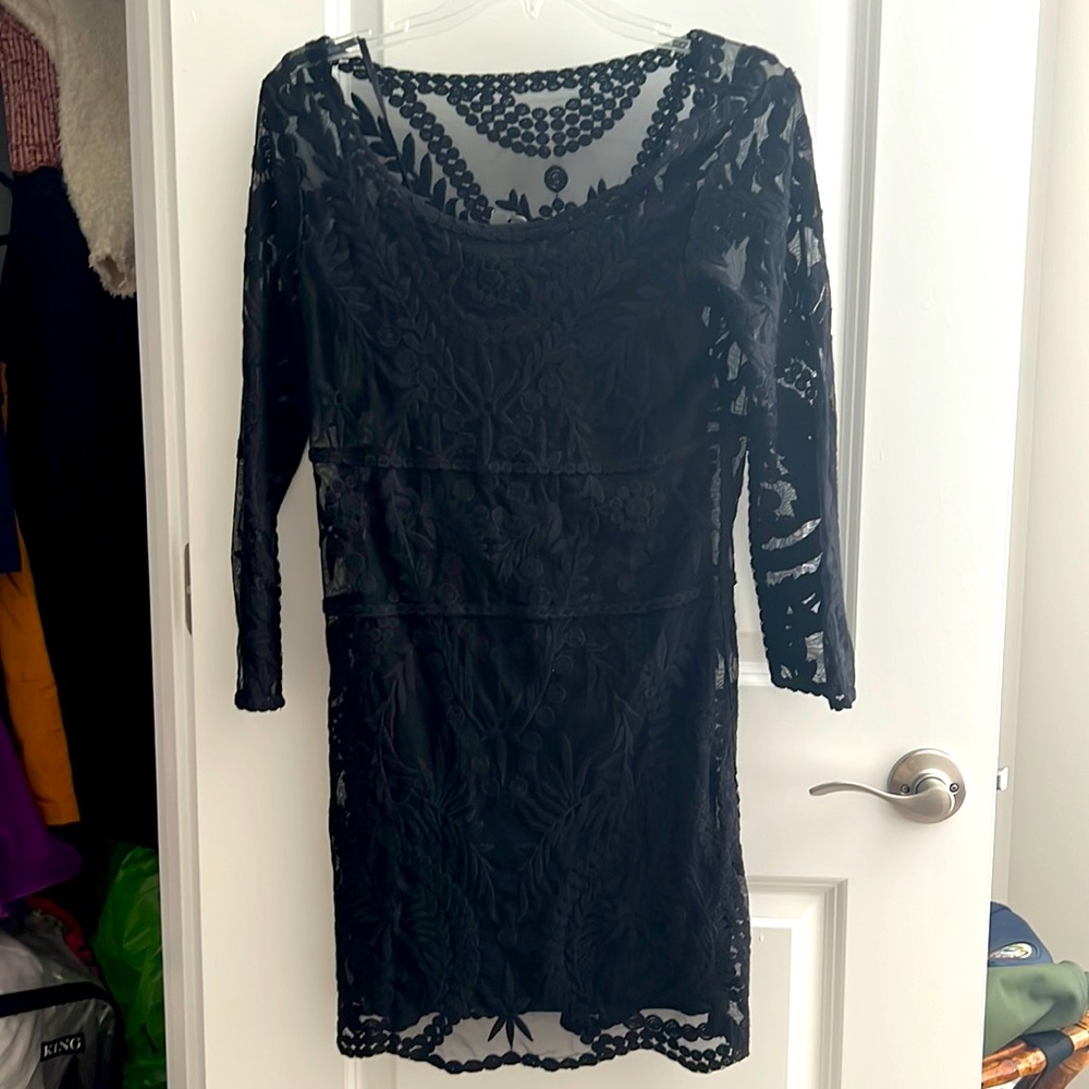 Woman’s small lace dress from Express with stretchy silky liner